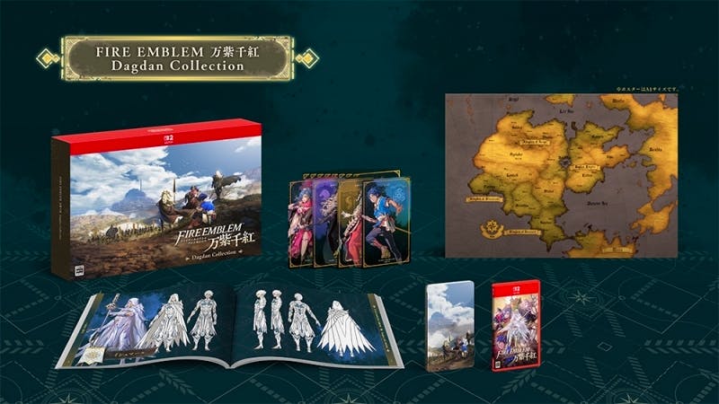 Collector's edition contents for Fire Emblem Dagdan Collection displayed: boxed set, opened artbook with character sketches, map poster, decorative card/steelbook cases, and the Nintendo Switch game case.