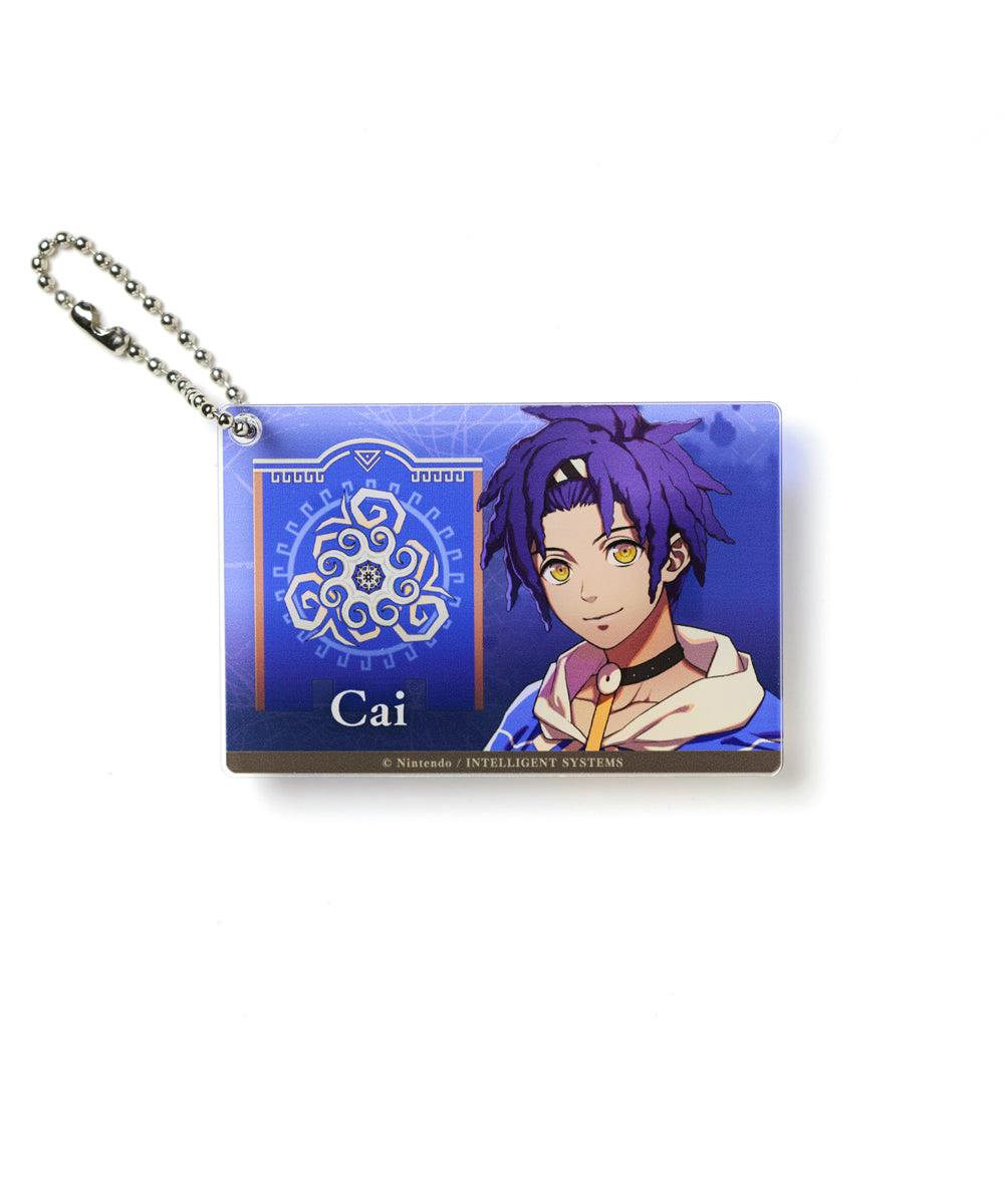 Rectangular acrylic keychain showing a purple‑haired character labeled "Cai" with a decorative emblem, attached to a ball chain.