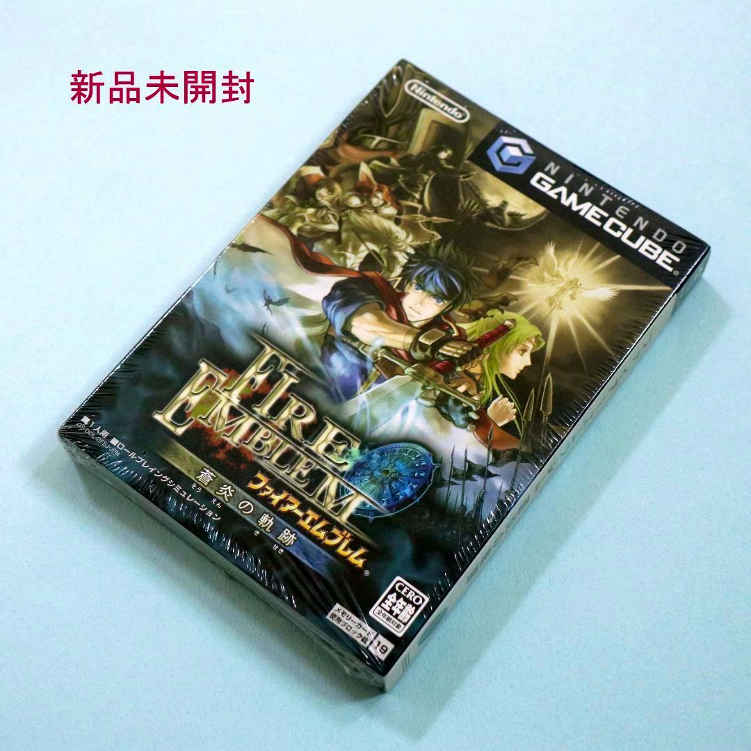 Sealed GameCube retail box of 「ファイアーエムブレム 蒼炎の軌跡」 (Fire Emblem: Path of Radiance) shown angled on a light surface.