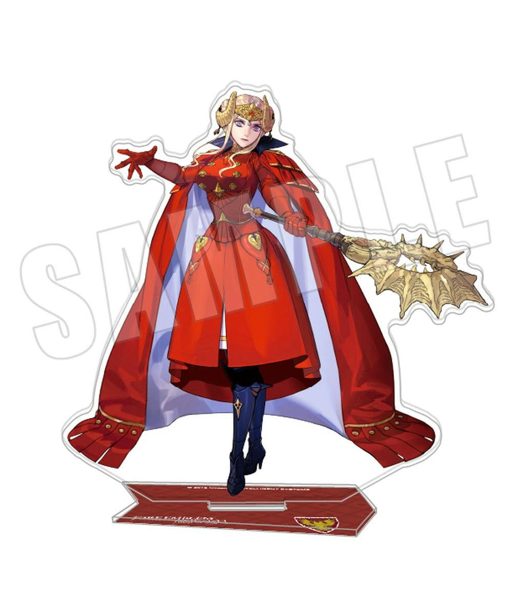 Full-body acrylic stand of Edelgard in a red dress and cape holding a weapon, shown with its base.