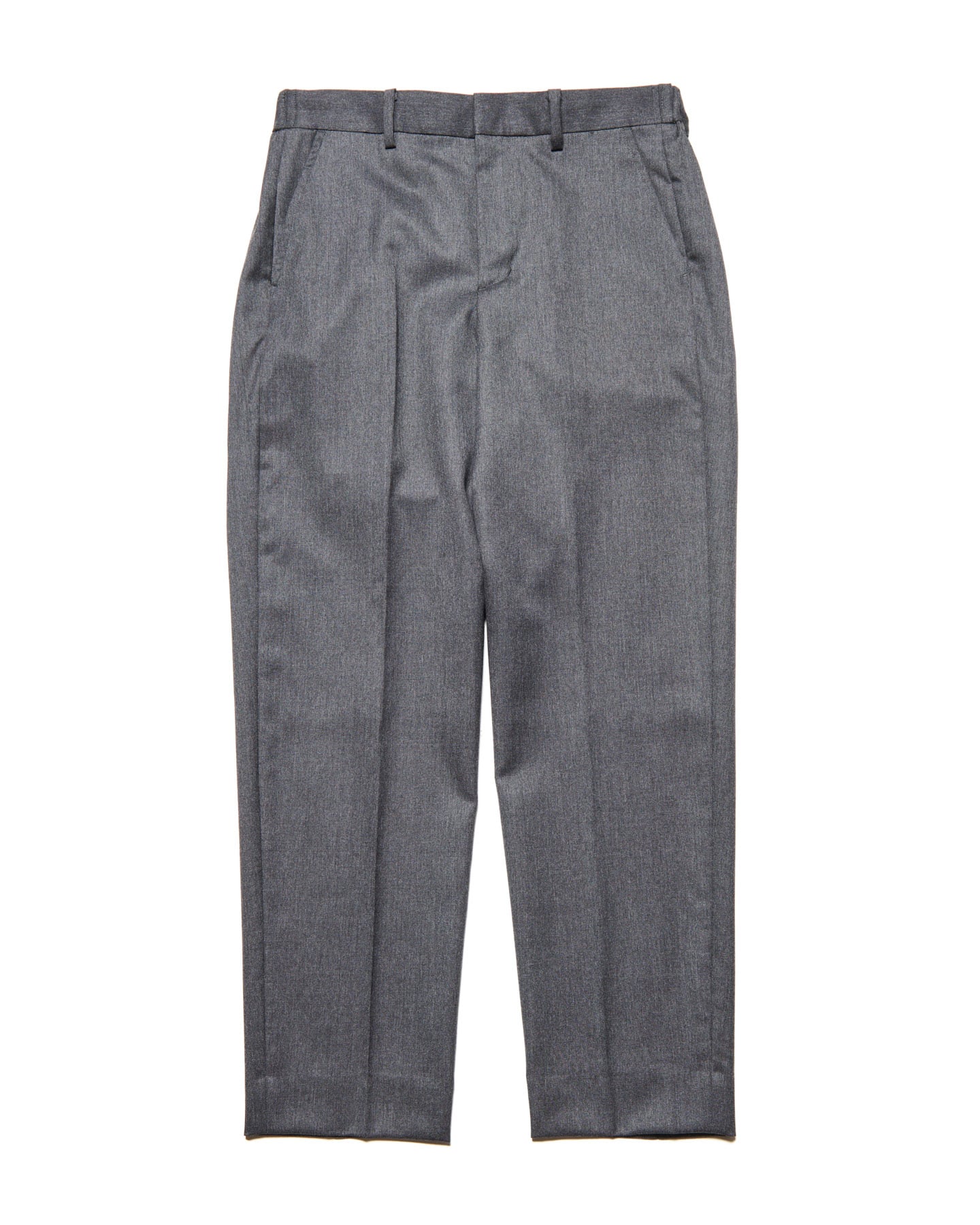 Front view of gray flannel wool slim-fit slacks laid flat on a white background.