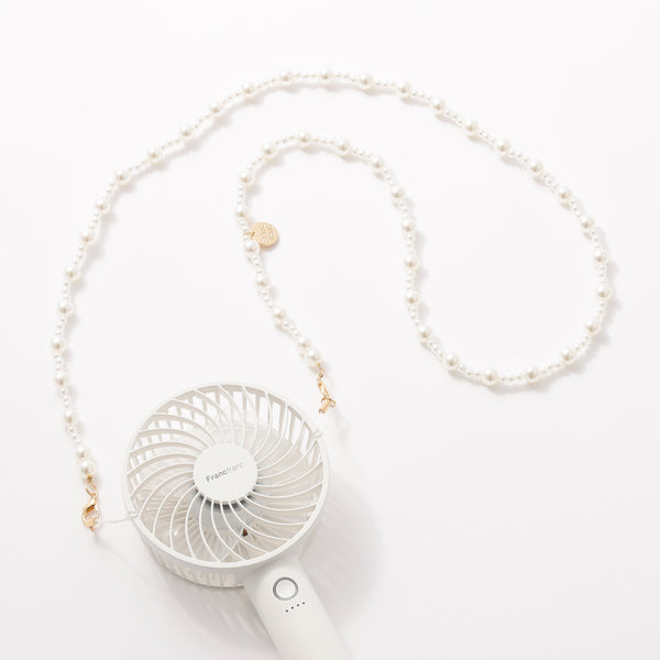 A white handheld fan shown with a pearl-style white neck strap attached on a white background.