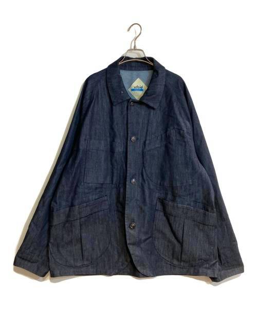 Front view of a men's denim coverall jacket on a hanger against a white background.