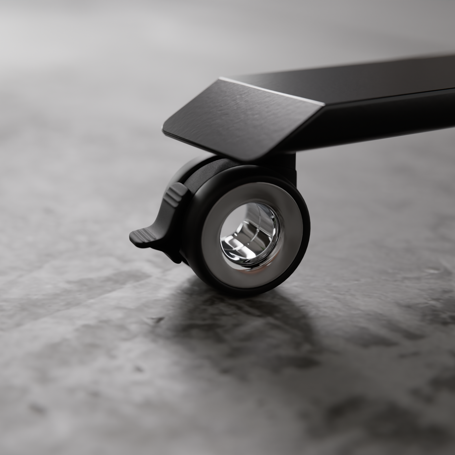 Close-up of a FlexiSpot Caster W3 wheel and metal bracket on a floor.