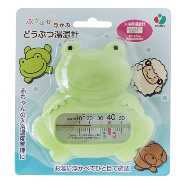 Packaged frog-shaped floating bath thermometer with a visible temperature scale.
