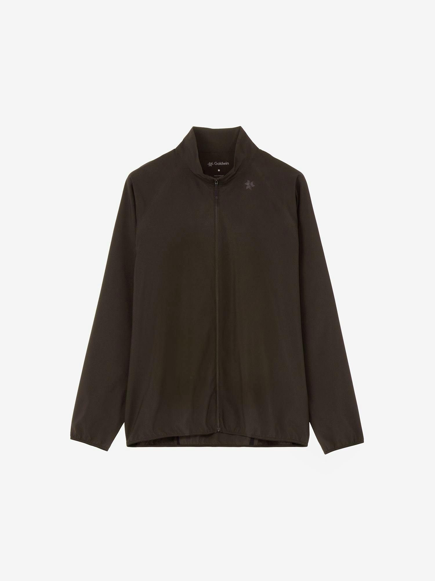 Front view of the unisex floating wind shell jacket in a dark color with a full-length zipper and a stand collar.