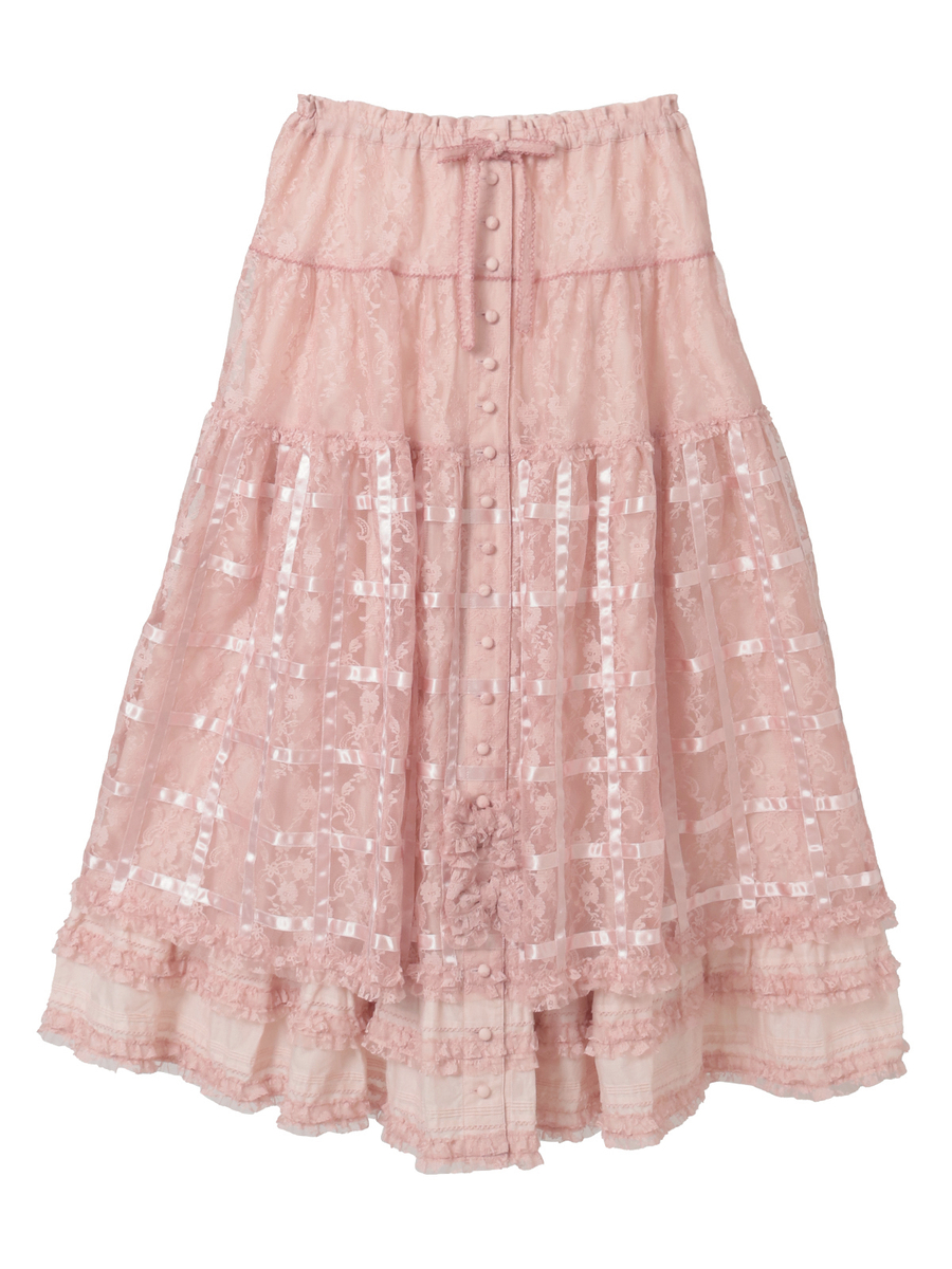 Pink women's cotton skirt with floral lace overlay, vertical ribbon details, front buttons, and layered ruffled hem.