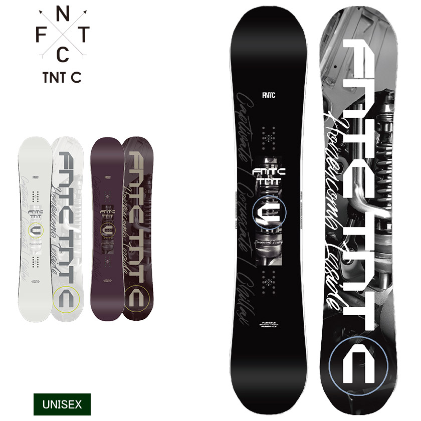 Multiple product mockups and front/back views of the FNTC TNT C snowboard shown in several colorways.