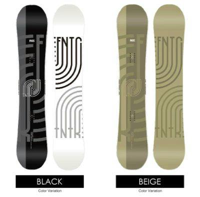 Illustrated image showing two FNTC TNT R 143 snowboard color variations (black and beige) side by side.