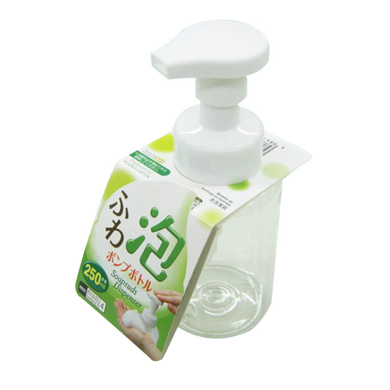 Clear plastic soap dispenser bottle with a white foaming pump and an attached product tag.