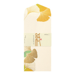 Cream-colored envelope showing a metallic gold decorative motif at top and bottom with a paper band around the middle.