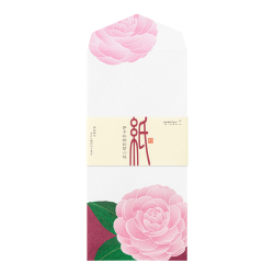 White envelope featuring a pink camellia floral print and a beige paper band.