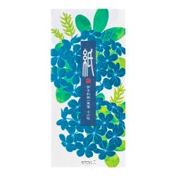 A letter sheet showing a blue hydrangea (Rurimatsuri) floral pattern with a vertical navy label and Japanese text.
