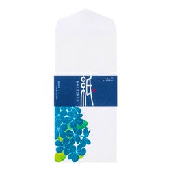 White envelope with a blue foil floral (Rurimatsuri) design and a blue paper band across the middle.