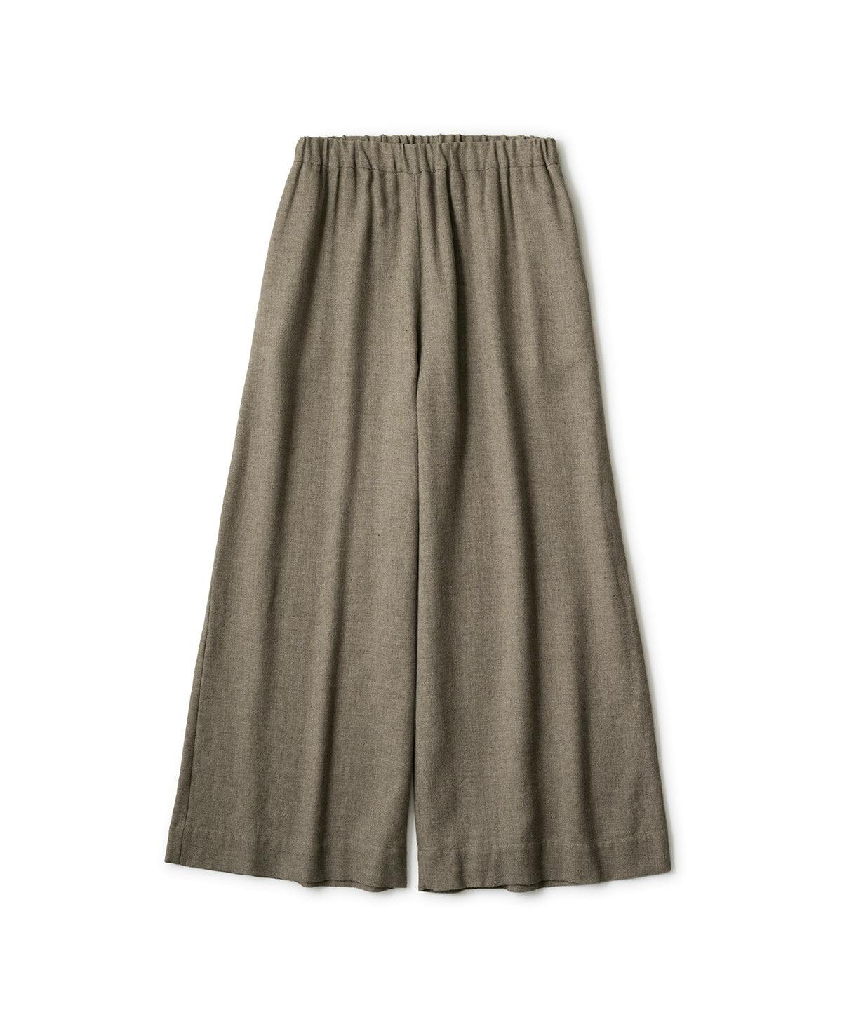 Flat-lay photo of forest gray wide women's pants shown full-length on a white background.