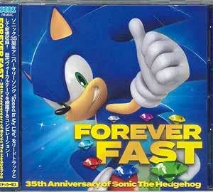 CD front cover art showing Sonic the Hedgehog giving a thumbs-up above the title 'FOREVER FAST', colorful gems, and the subtitle '35th Anniversary of Sonic The Hedgehog'.