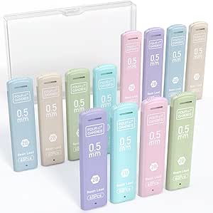 Multiple pastel-colored 0.5 mm lead tubes arranged in front of a clear plastic storage case, each tube labeled "0.5 mm."