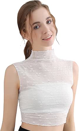 Front view of a woman modeling a white Fourfivesix Haru short lace high-neck tank top inner.
