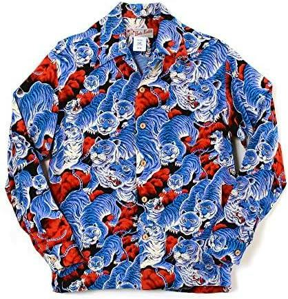 Men's rayon long-sleeve Aloha shirt with an all-over blue tiger print laid flat showing the front.