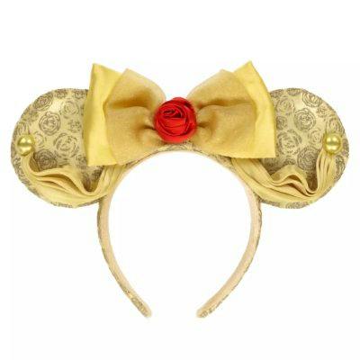 Gold-colored headband with round ears, a large gold bow, and a red rose at the center.