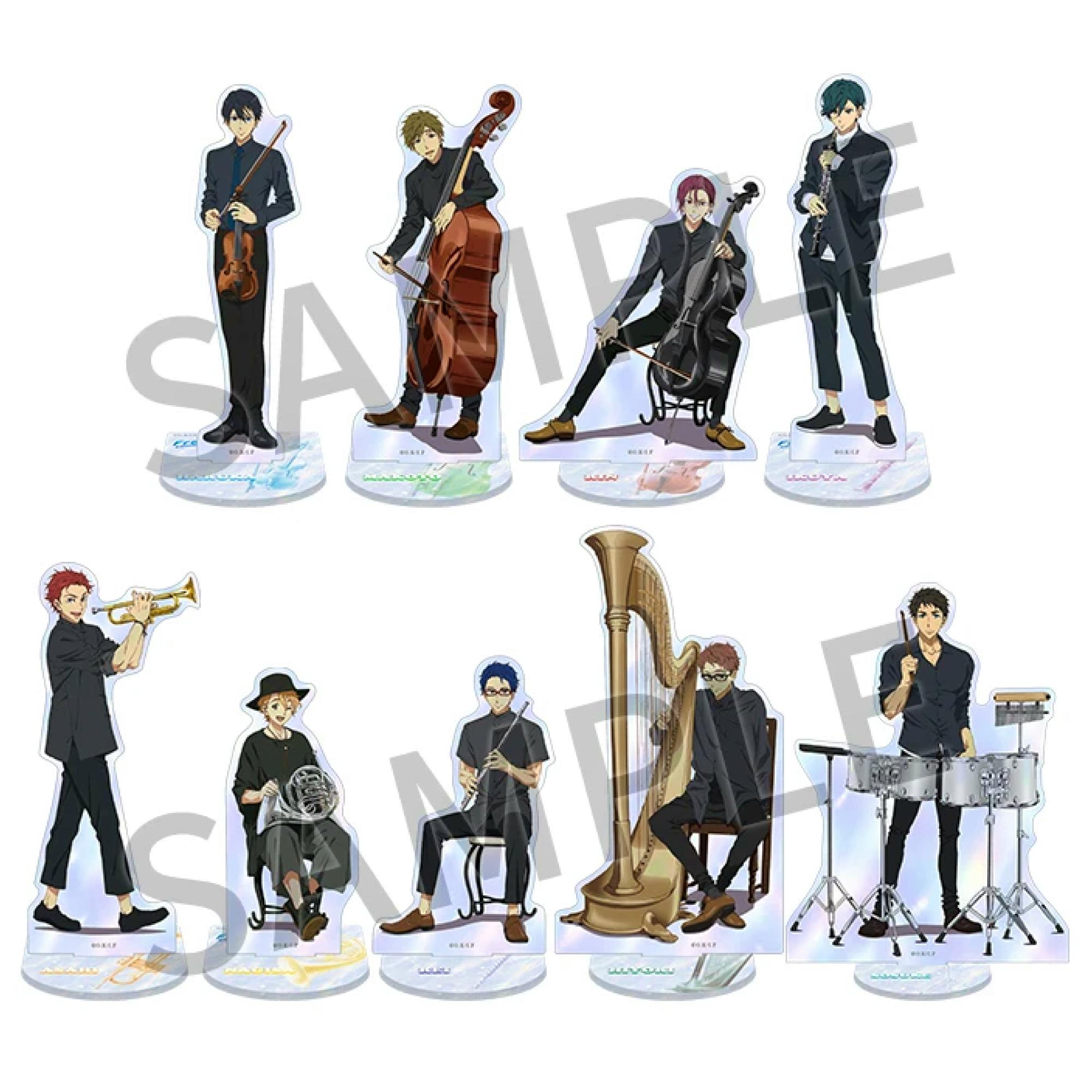 Photo of nine Free! anime character acrylic standees from the ORCHESTRA CONCERT 2020 set arranged on clear bases.