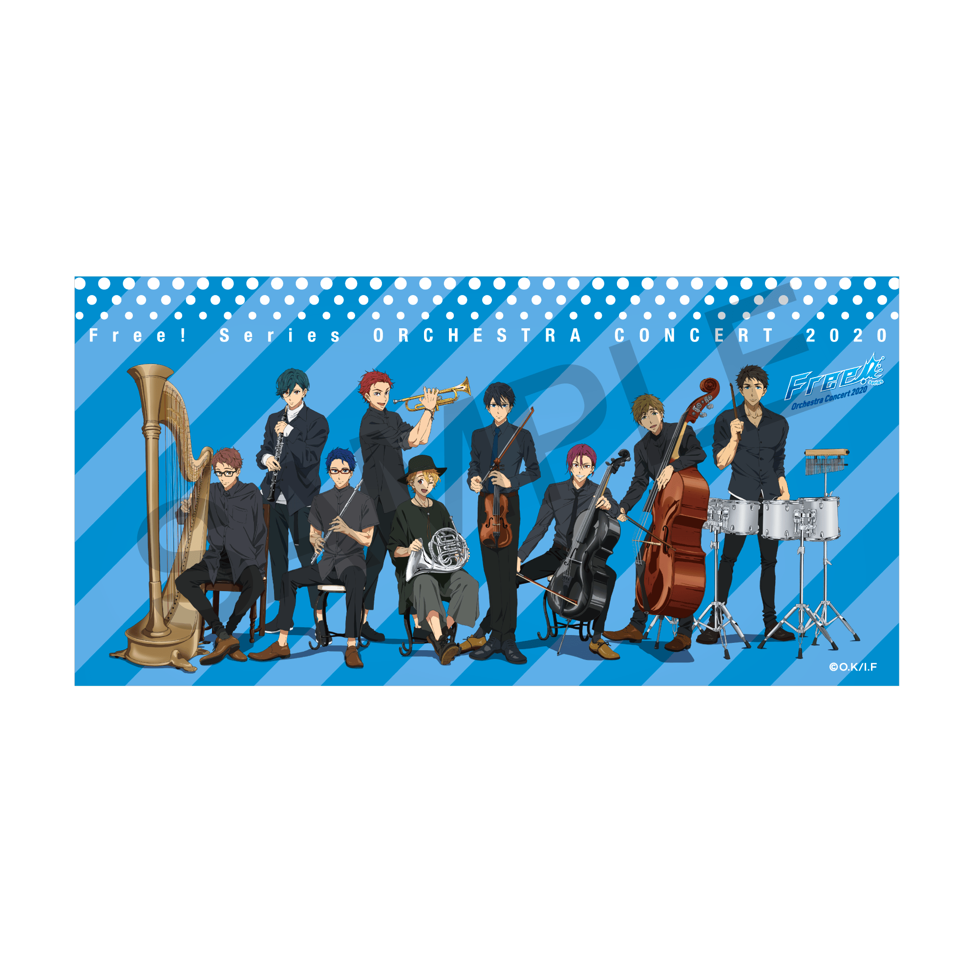 Blue cotton bath towel printed with Free! Series Orchestra Concert 2020 artwork showing characters in formal attire holding orchestral instruments.