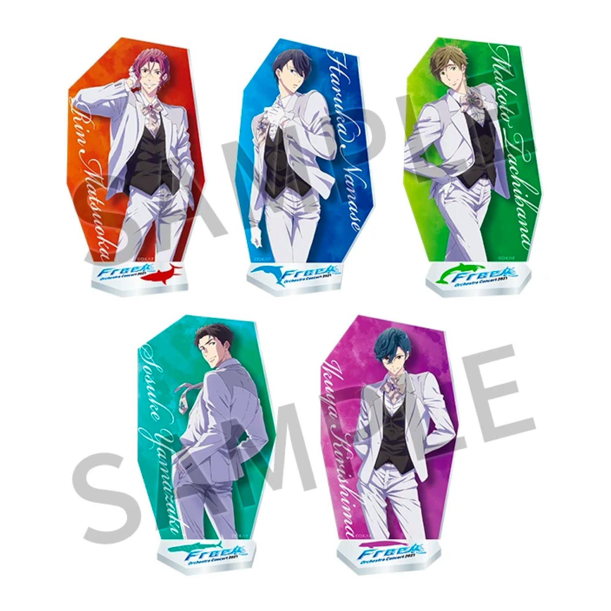 Image of multiple Free! acrylic block stands showing illustrated characters on colored backgrounds with a SAMPLE watermark on white background.
