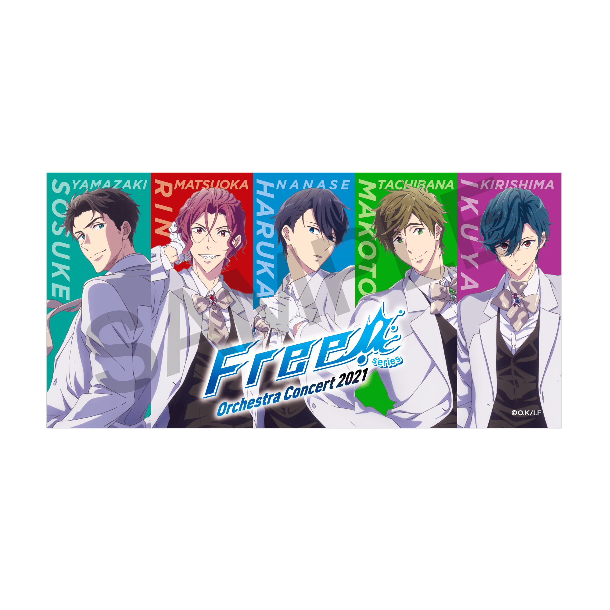 A bath towel printed with five illustrated Free! series characters in colored panels and the "Free! Orchestra Concert 2021" logo.
