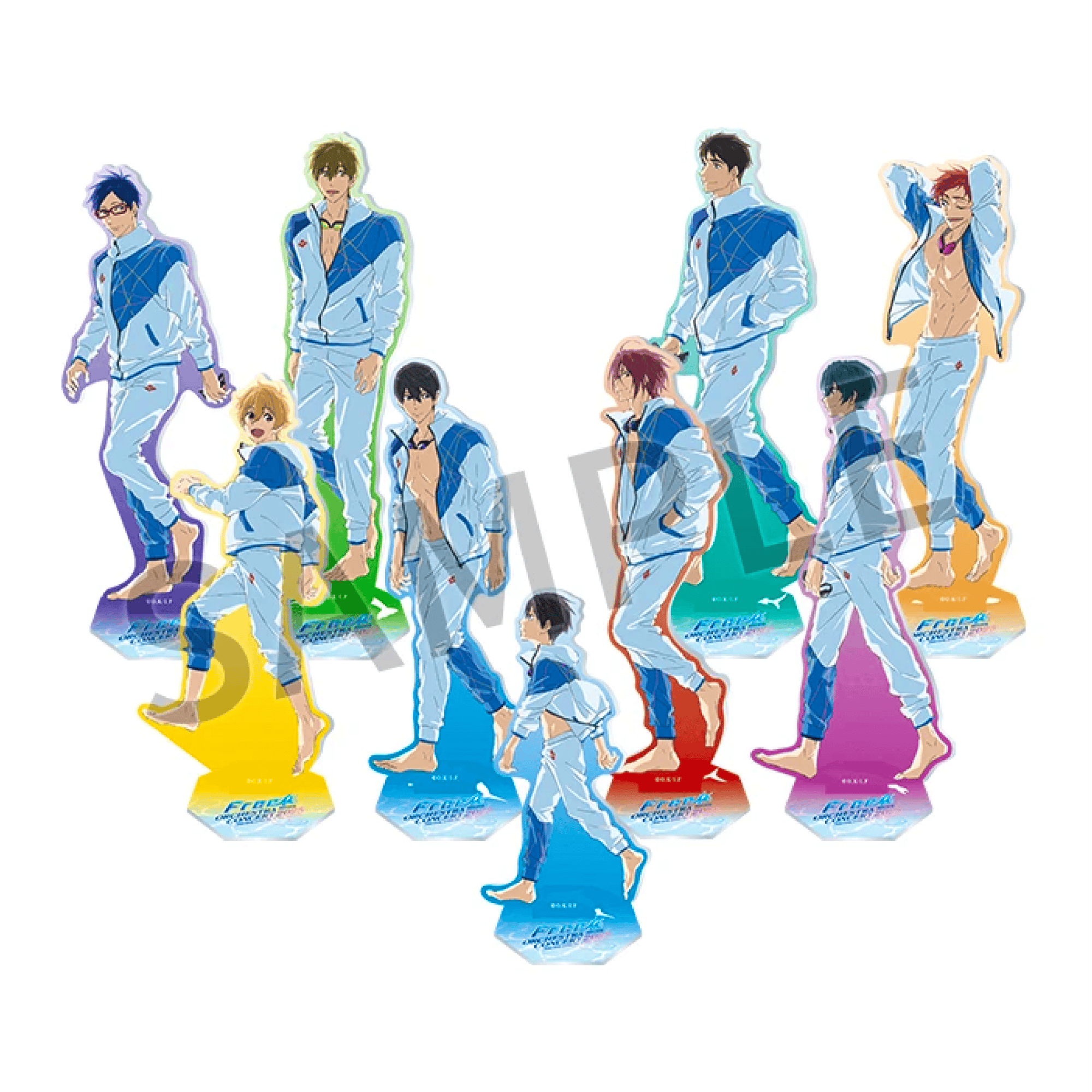 Multiple Free! Series acrylic decorative standees showing characters from the Free! series on a white background.