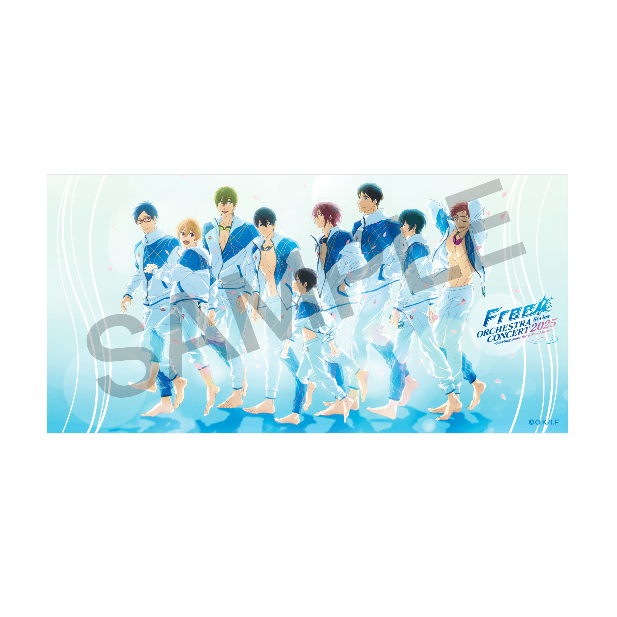 A bath towel showing an illustrated group of Free! characters standing together with the "ORCHESTRA CONCERT 2025" logo.