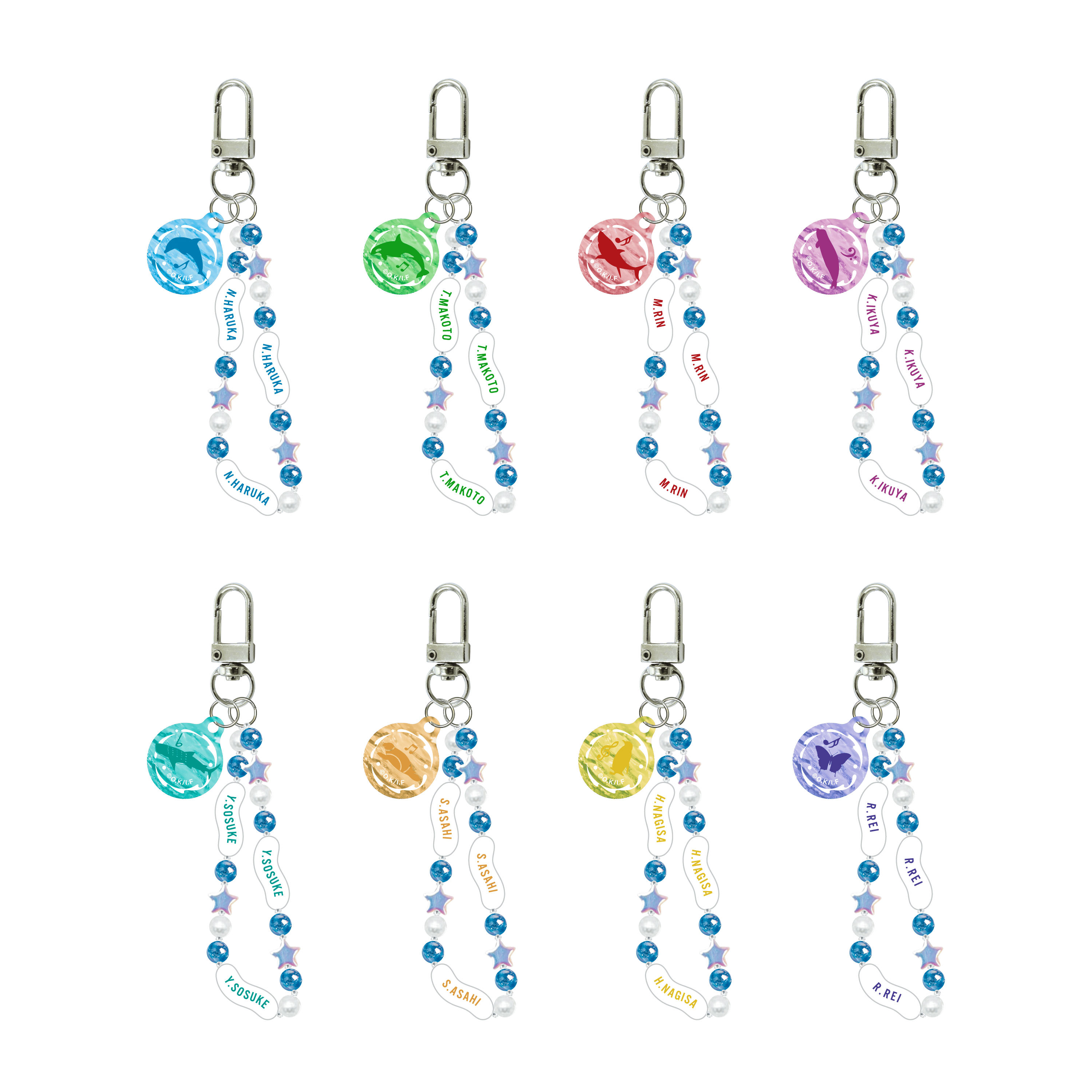 Beaded acrylic keychain straps with metal clips showing multiple colored round character charms for the Free! Series ORCHESTRA CONCERT 2026.