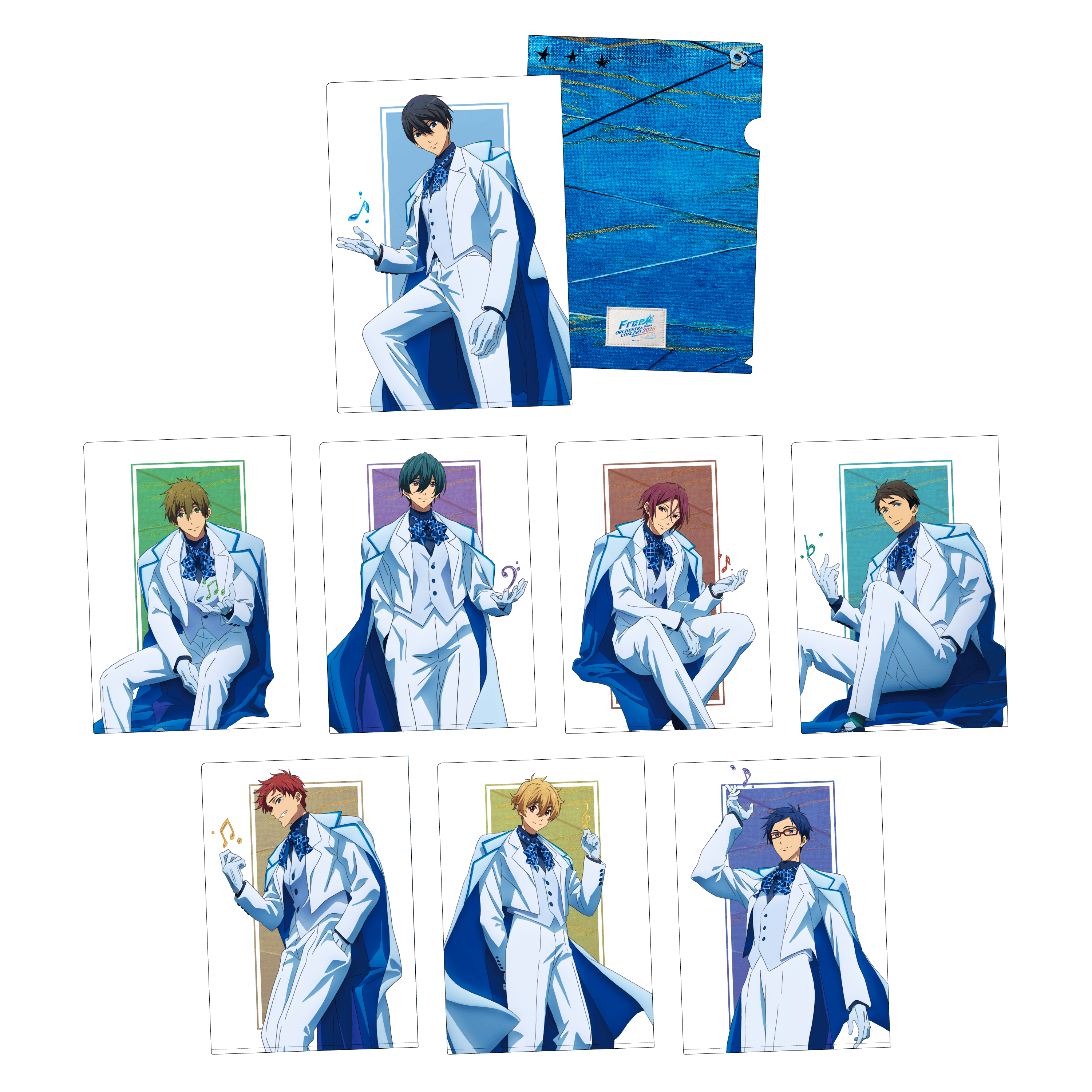 Clear file folder (Free! Series ORCHESTRA CONCERT 2026) showing illustrated male characters in white concert suits and a blue patterned back panel.