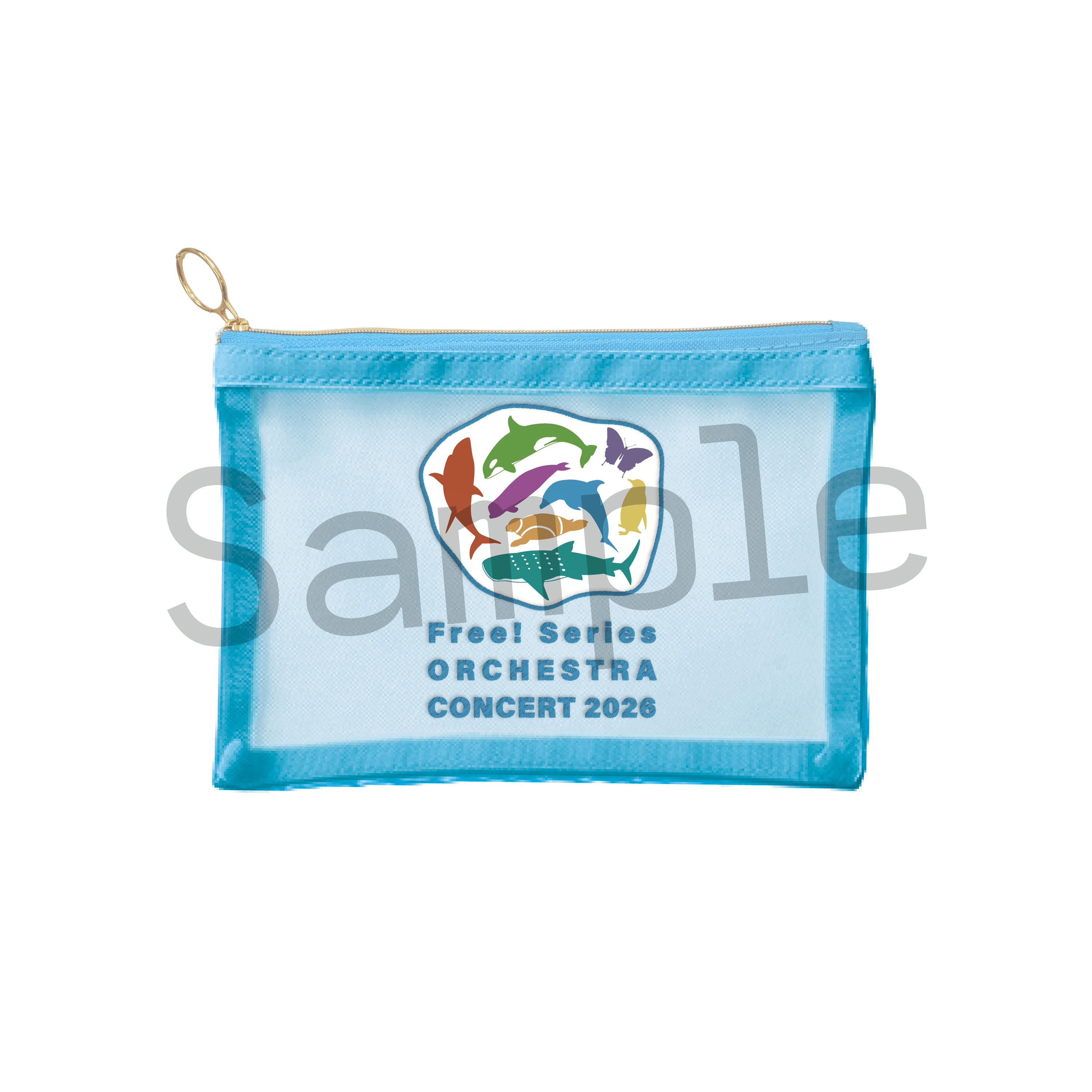 Light blue mesh polyester pouch with a zipper and printed "Free! Series ORCHESTRA CONCERT 2026" design and colorful marine silhouettes.