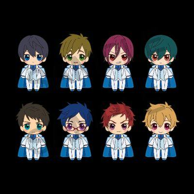 Illustration of eight chibi characters on a black background representing the plush keychain designs.