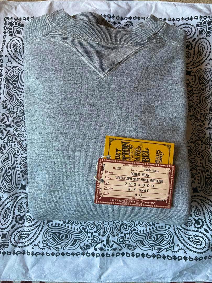 Folded gray athletic sweatshirt with attached product tags placed on a patterned bandana background.