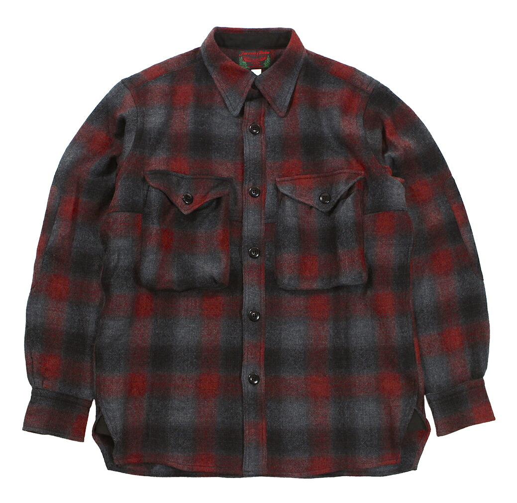 Flat-lay photo of the Freewheelers & Co. "Highballer" women's logger wool shirt in black, gray, and red plaid.