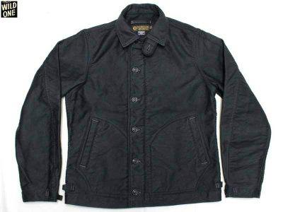 Flat-lay front view of a jet-black Freewheelers Deck Worker jacket on a white background.