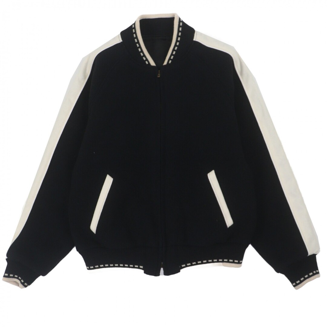 Front view of a black zip-up men's car-club style blouson jacket with white sleeve stripes and white-trimmed pockets.