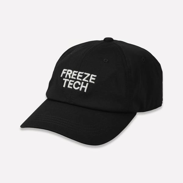 Black polyester golf cap with "FREEZE TECH" embroidered on the front shown at a three-quarter angle.