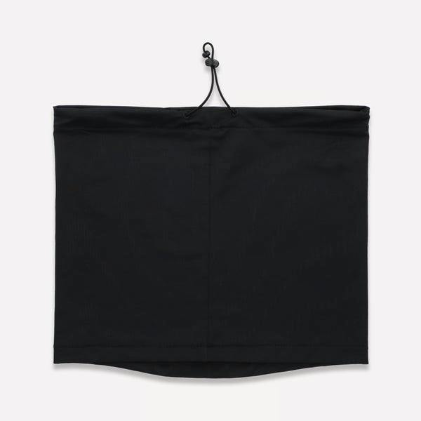 Black neck gaiter with an adjustable drawcord shown flat on a white background.