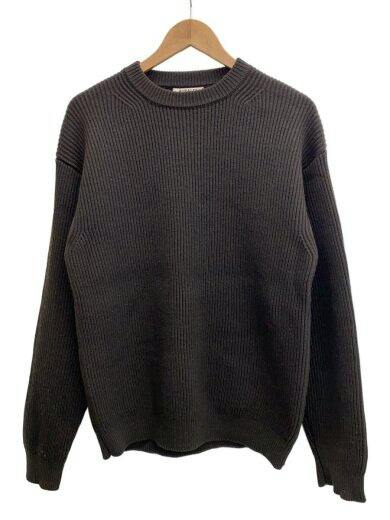 Front view of a brown ribbed wool sweater hanging on a wooden hanger against a white background.