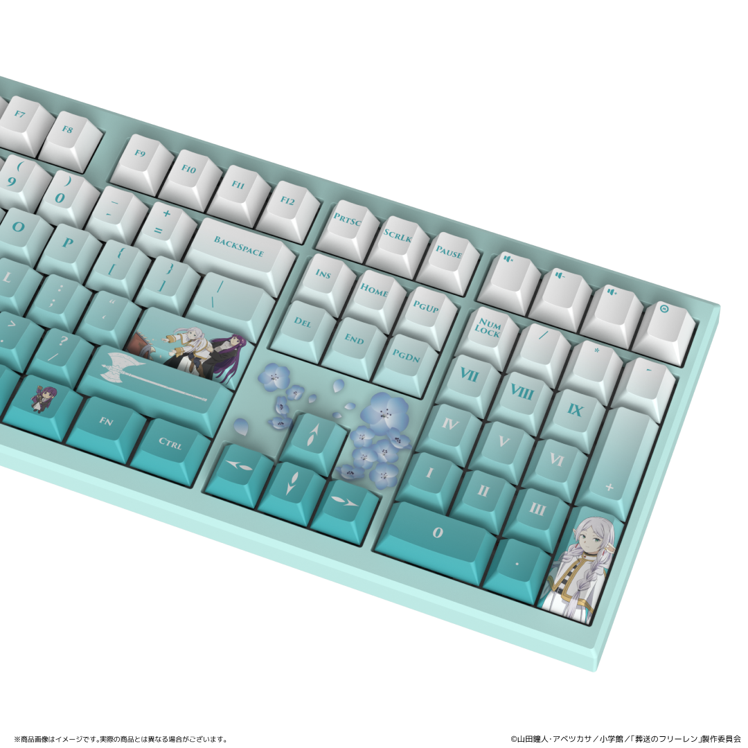 Close-up of the teal-and-white AMICIS 108-key mechanical keyboard showing its illustrated keycaps.
