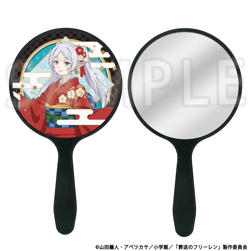 Front and back of a round handheld mirror showing a colored illustration of Frieren on one side and the reflective mirror surface on the other.