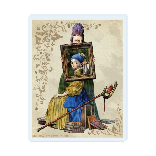 Rectangular acrylic magnet showing Frieren holding a framed portrait of Fern, with books and a staff nearby.