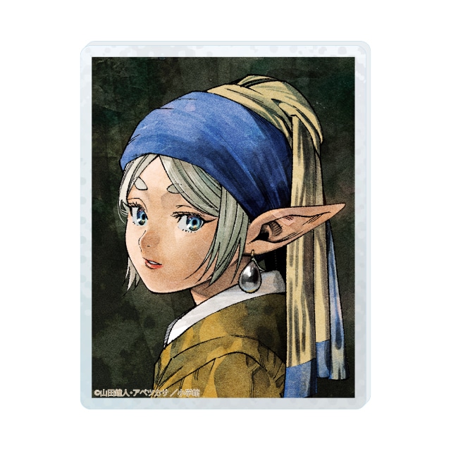 A rectangular acrylic fridge magnet showing the character Frieren wearing a blue headscarf and an earring against a dark background.