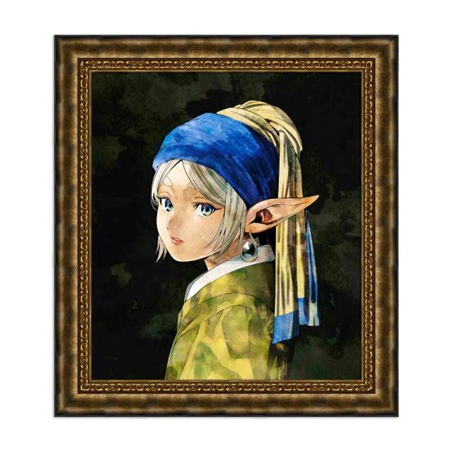 Framed art print of Frieren from 'Sousou no Frieren' wearing a blue headscarf and a single earring in a Vermeer‑inspired portrait.