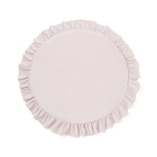 Round pink frill seat cushion with a ruffled edge photographed on a white background.