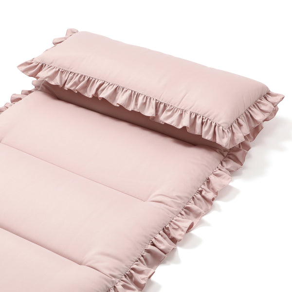 Pink frilled go-ronen (napping) mat laid flat with a matching frilled pillow visible.