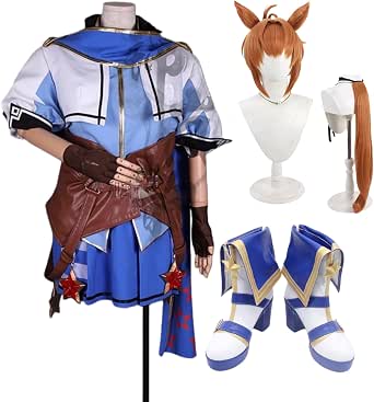 Mannequin wearing a blue-and-white Frioso cosplay dress with a brown belt and gloves, shown with a long brown wig on a stand and matching blue-and-white shoes.
