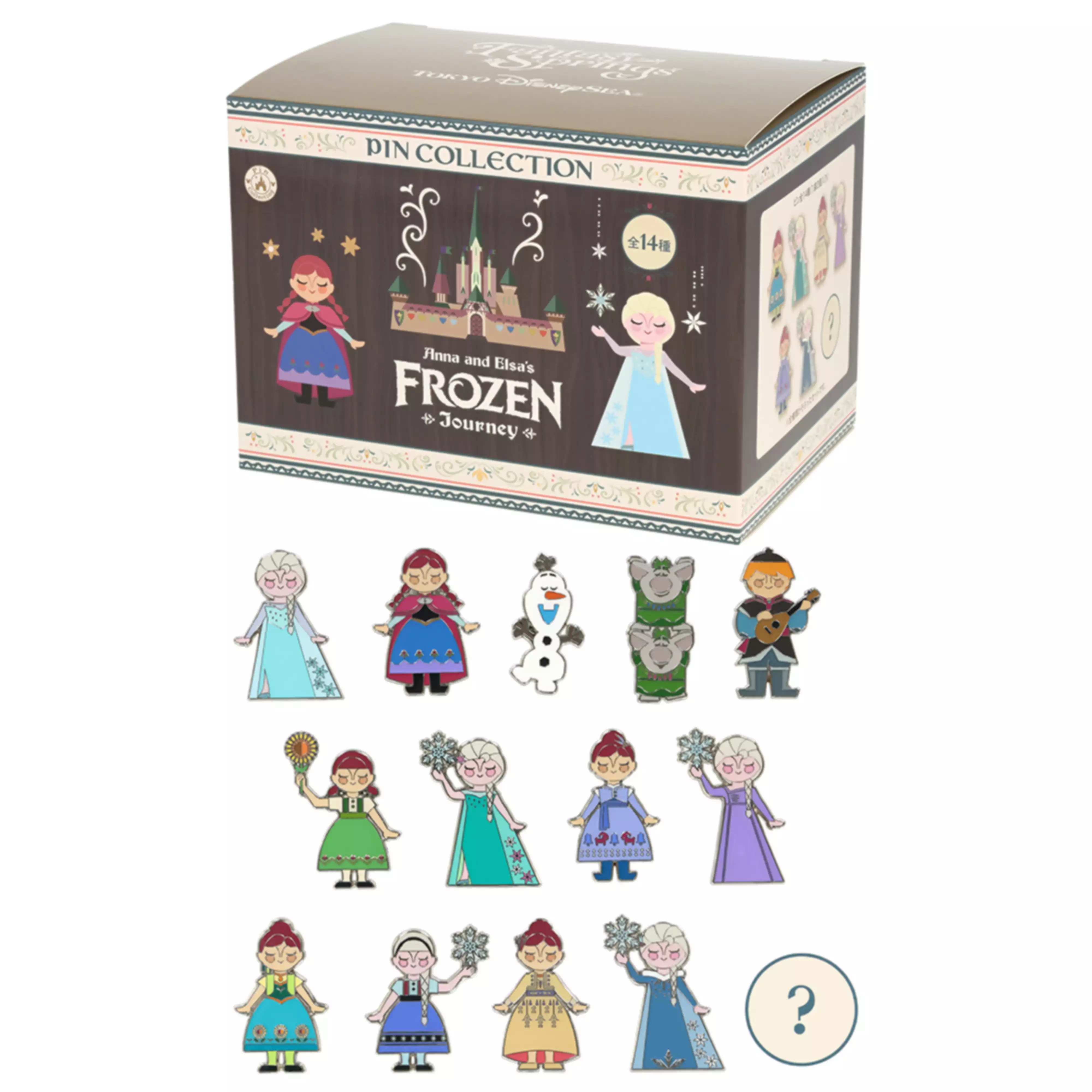A display box and an assortment of Frozen (Anna and Elsa) themed pin badges shown below it.
